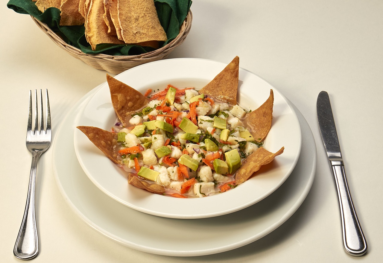 Mexican Ceviche: Fresh Fish or Shrimp Marinated in Lime Juice and Served with Veggies